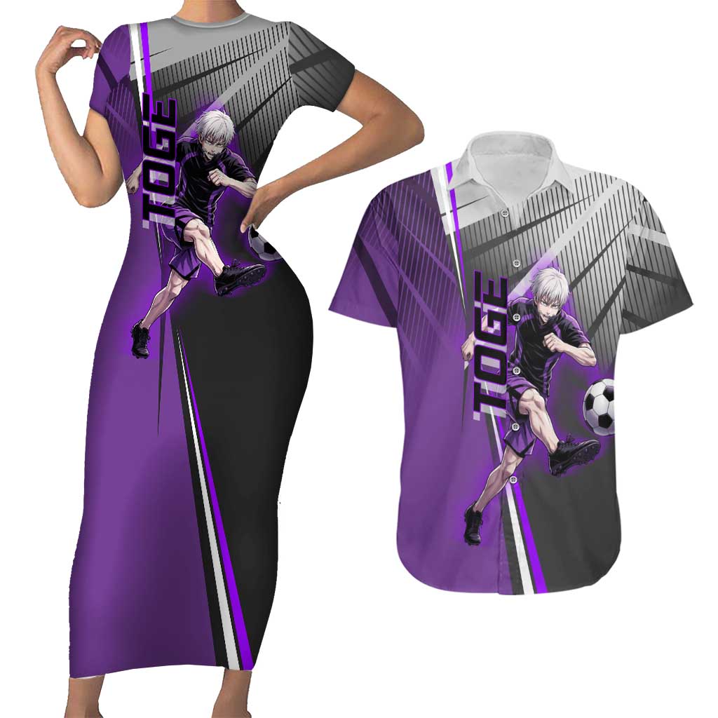 Personalized Toge Inumaki Jujutsu Kaisen Couples Matching Short Sleeve Bodycon Dress and Hawaiian Shirt with Purple Gradient and Action Kick Design