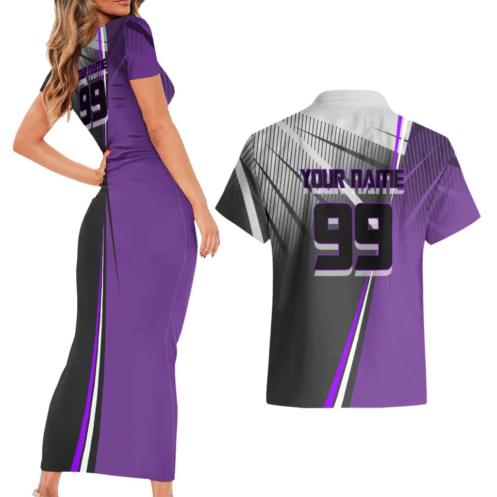 Personalized Toge Inumaki Jujutsu Kaisen Couples Matching Short Sleeve Bodycon Dress and Hawaiian Shirt with Purple Gradient and Action Kick Design