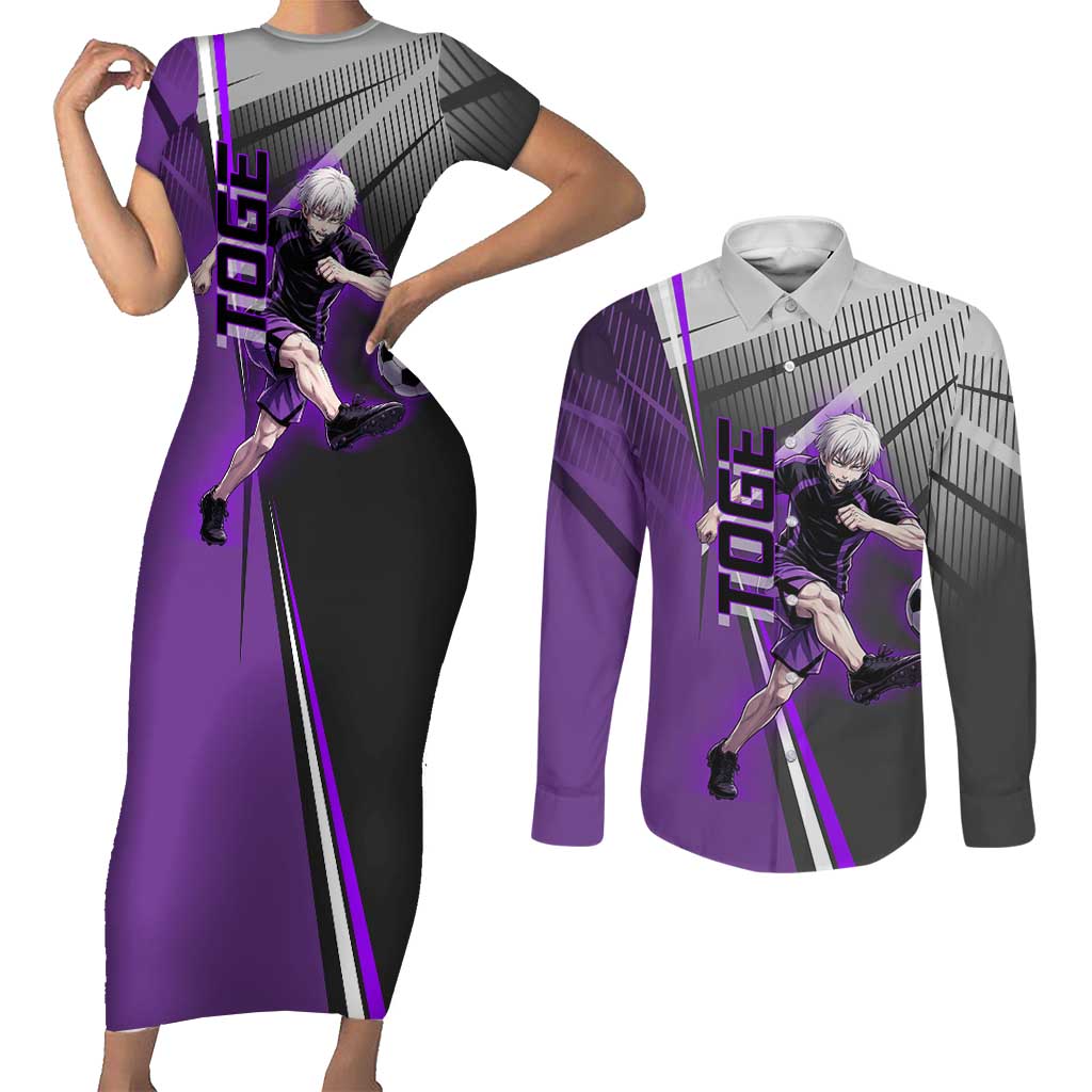 Personalized Toge Inumaki Jujutsu Kaisen Couples Matching Short Sleeve Bodycon Dress and Long Sleeve Button Shirt with Purple Gradient and Action Kick Design