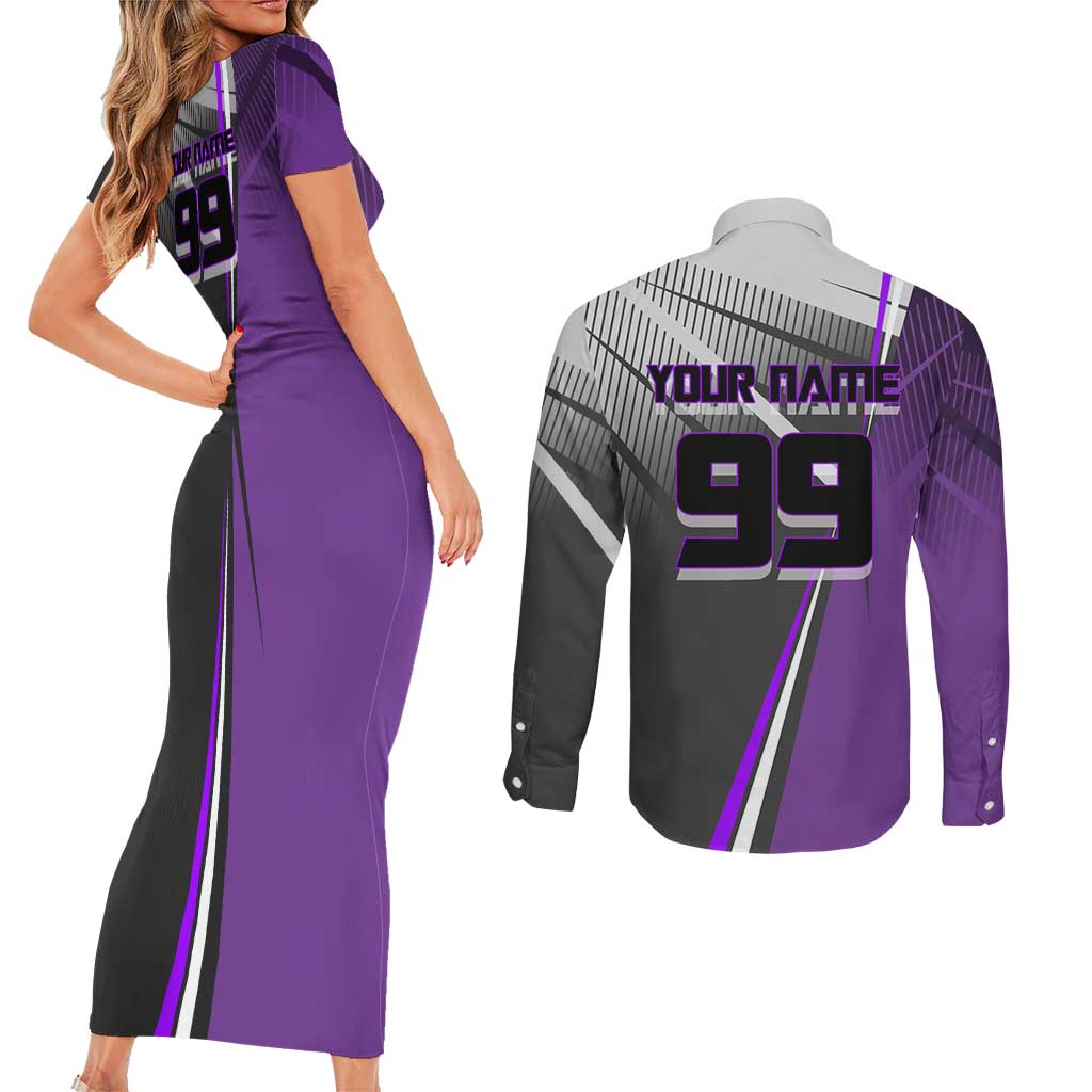 Personalized Toge Inumaki Jujutsu Kaisen Couples Matching Short Sleeve Bodycon Dress and Long Sleeve Button Shirt with Purple Gradient and Action Kick Design