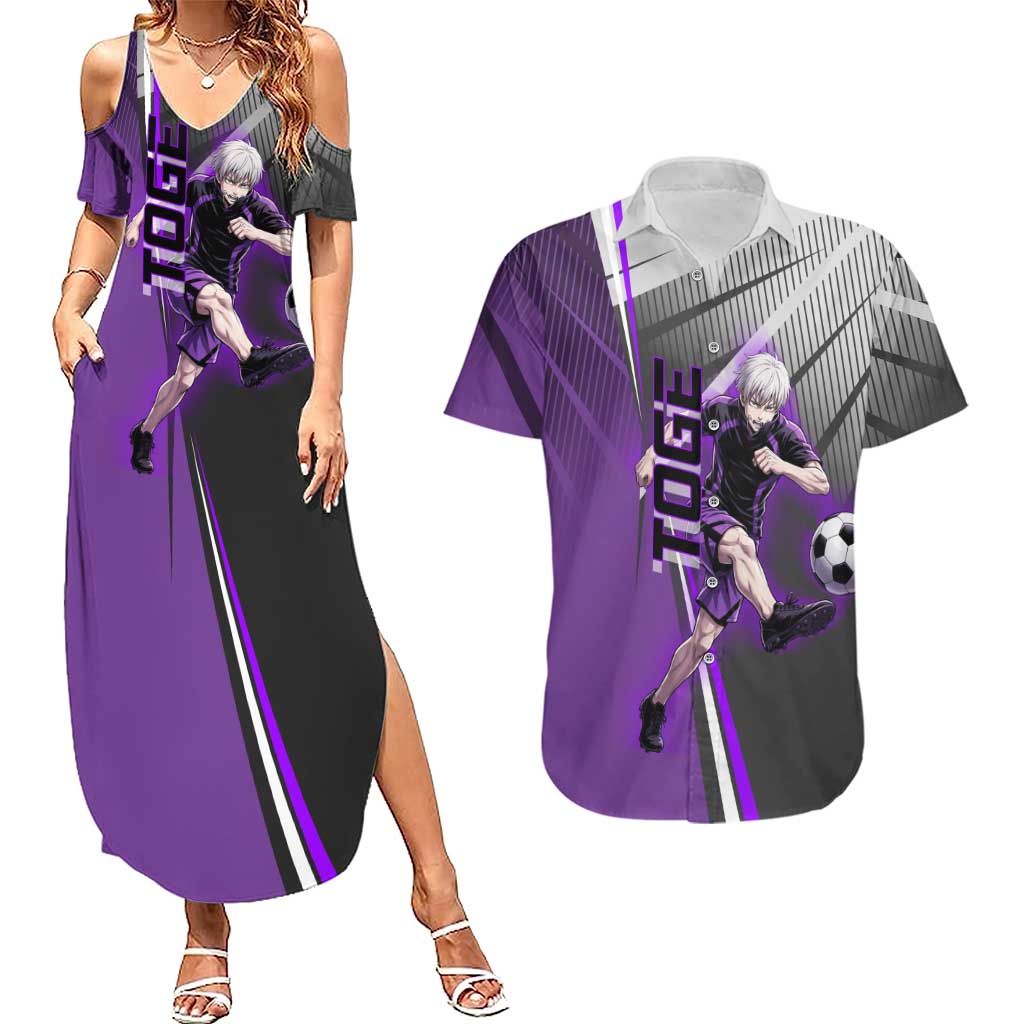 Personalized Toge Inumaki Jujutsu Kaisen Couples Matching Summer Maxi Dress and Hawaiian Shirt with Purple Gradient and Action Kick Design