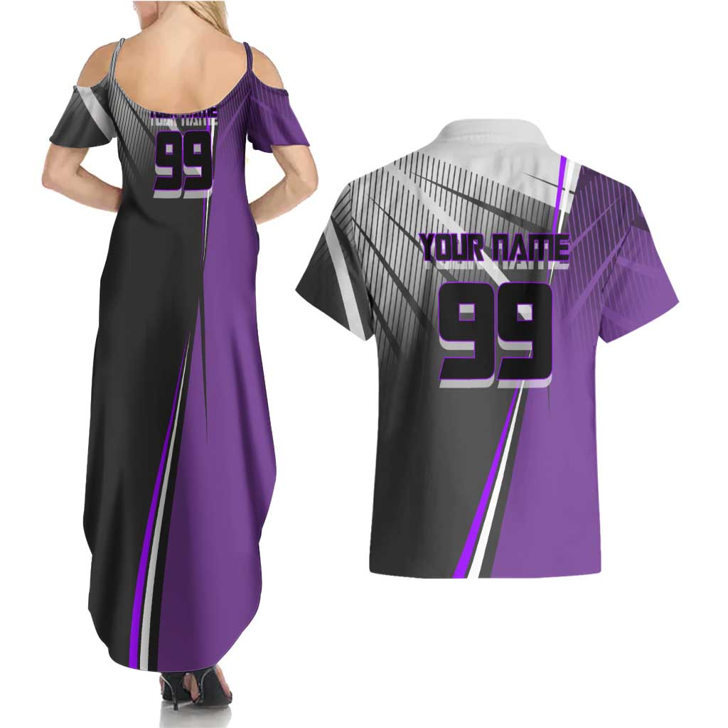Personalized Toge Inumaki Jujutsu Kaisen Couples Matching Summer Maxi Dress and Hawaiian Shirt with Purple Gradient and Action Kick Design