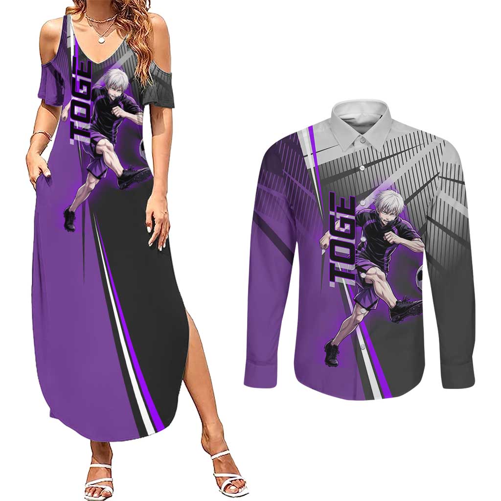 Personalized Toge Inumaki Jujutsu Kaisen Couples Matching Summer Maxi Dress and Long Sleeve Button Shirt with Purple Gradient and Action Kick Design