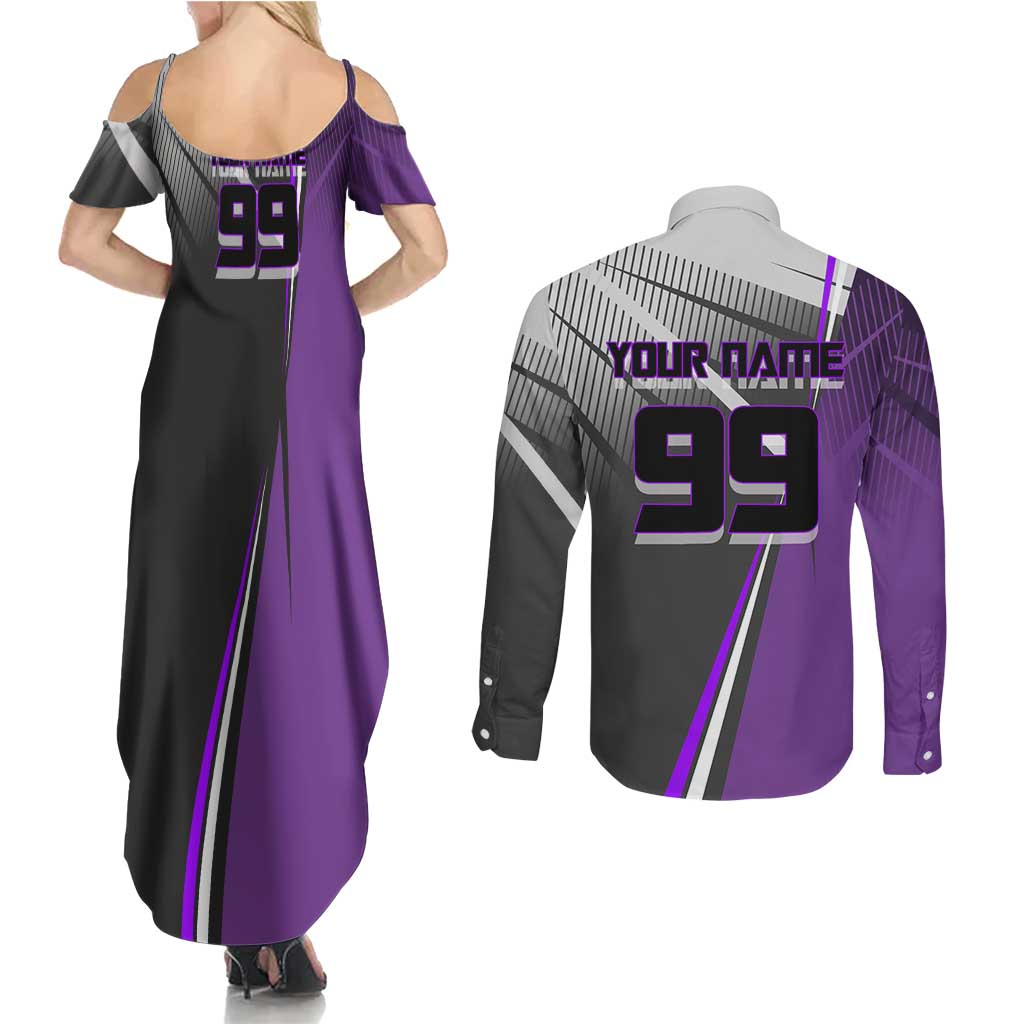 Personalized Toge Inumaki Jujutsu Kaisen Couples Matching Summer Maxi Dress and Long Sleeve Button Shirt with Purple Gradient and Action Kick Design