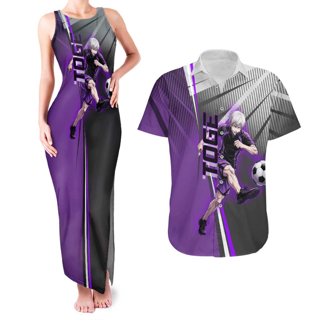 Personalized Toge Inumaki Jujutsu Kaisen Couples Matching Tank Maxi Dress and Hawaiian Shirt with Purple Gradient and Action Kick Design