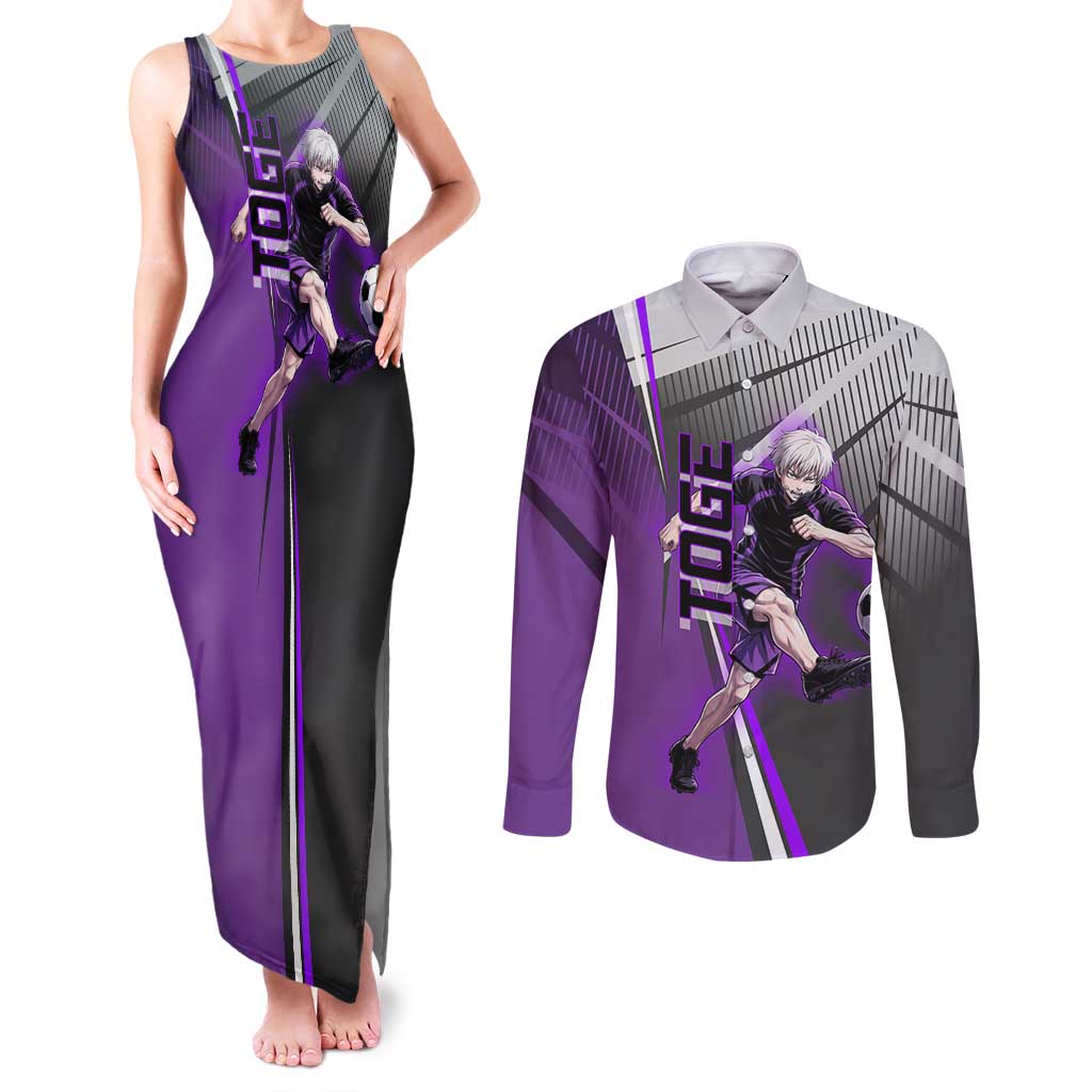 Personalized Toge Inumaki Jujutsu Kaisen Couples Matching Tank Maxi Dress and Long Sleeve Button Shirt with Purple Gradient and Action Kick Design