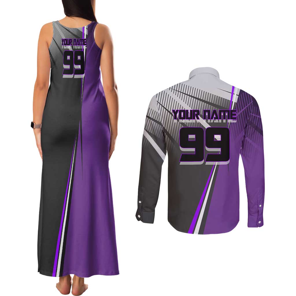 Personalized Toge Inumaki Jujutsu Kaisen Couples Matching Tank Maxi Dress and Long Sleeve Button Shirt with Purple Gradient and Action Kick Design