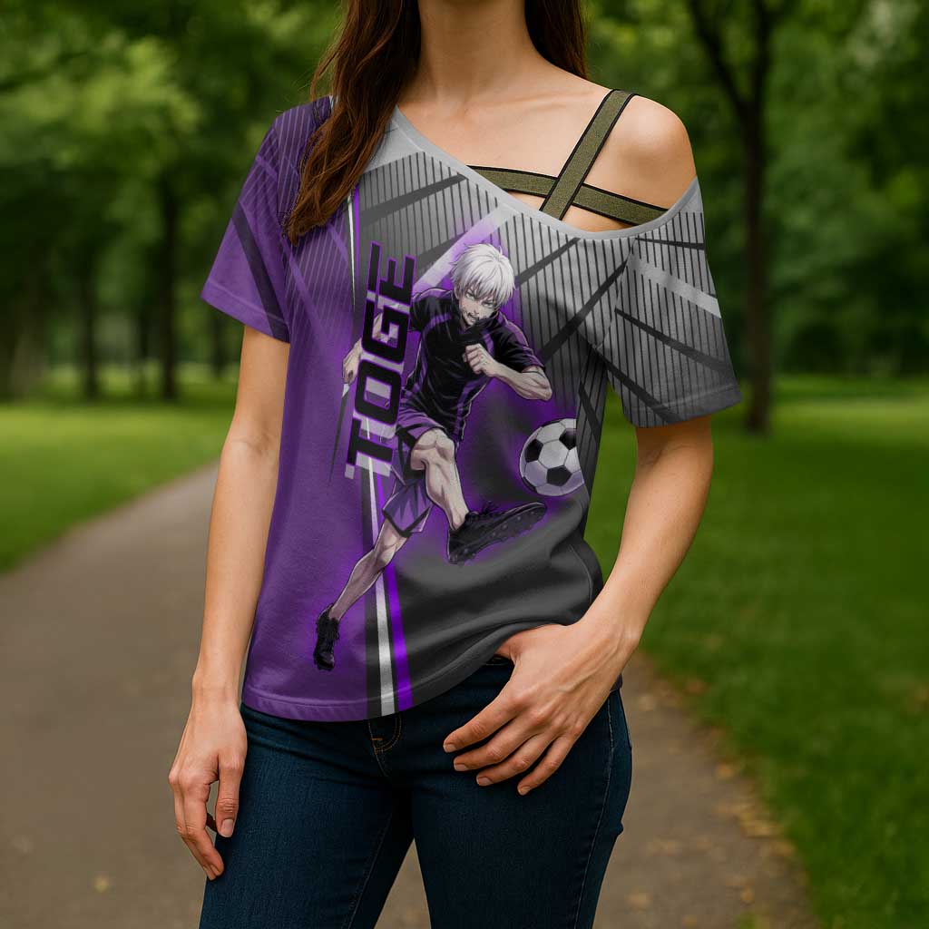 Personalized Toge Inumaki Jujutsu Kaisen Cross Shoulder Shirt with Purple Gradient and Action Kick Design
