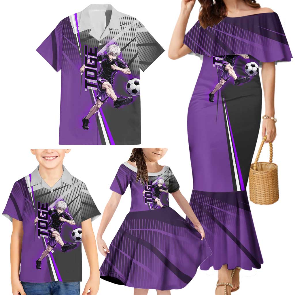 Personalized Toge Inumaki Jujutsu Kaisen Family Matching Mermaid Dress and Hawaiian Shirt with Purple Gradient and Action Kick Design