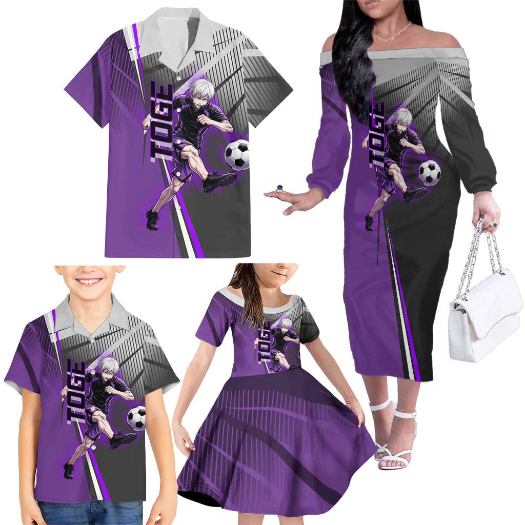 Personalized Toge Inumaki Jujutsu Kaisen Family Matching Off The Shoulder Long Sleeve Dress and Hawaiian Shirt with Purple Gradient and Action Kick Design