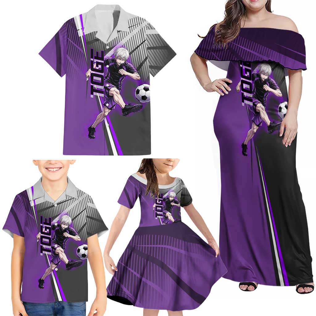 Personalized Toge Inumaki Jujutsu Kaisen Family Matching Off Shoulder Maxi Dress and Hawaiian Shirt with Purple Gradient and Action Kick Design