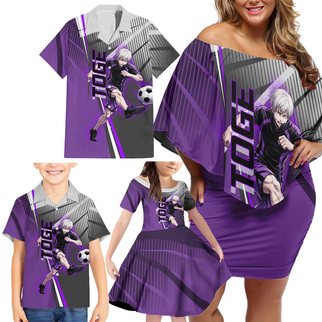 Personalized Toge Inumaki Jujutsu Kaisen Family Matching Off Shoulder Short Dress and Hawaiian Shirt with Purple Gradient and Action Kick Design