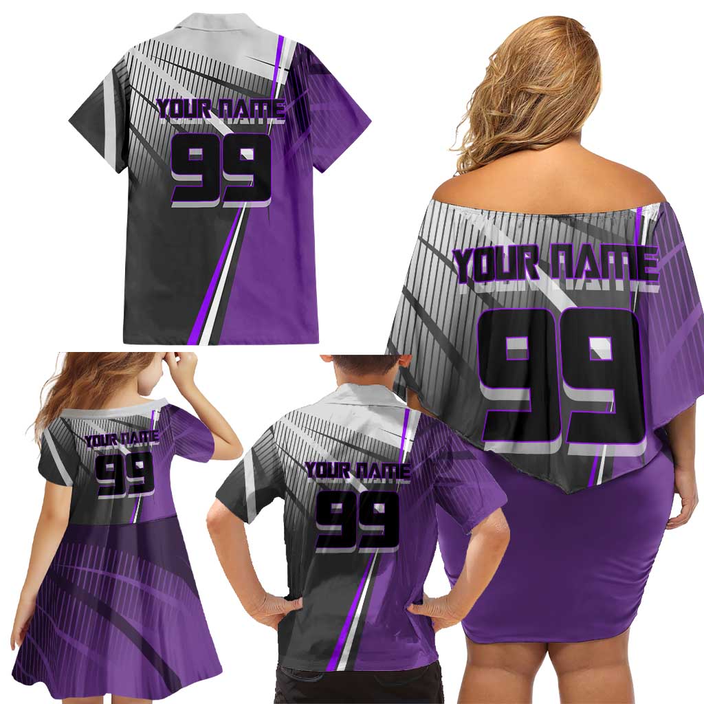 Personalized Toge Inumaki Jujutsu Kaisen Family Matching Off Shoulder Short Dress and Hawaiian Shirt with Purple Gradient and Action Kick Design