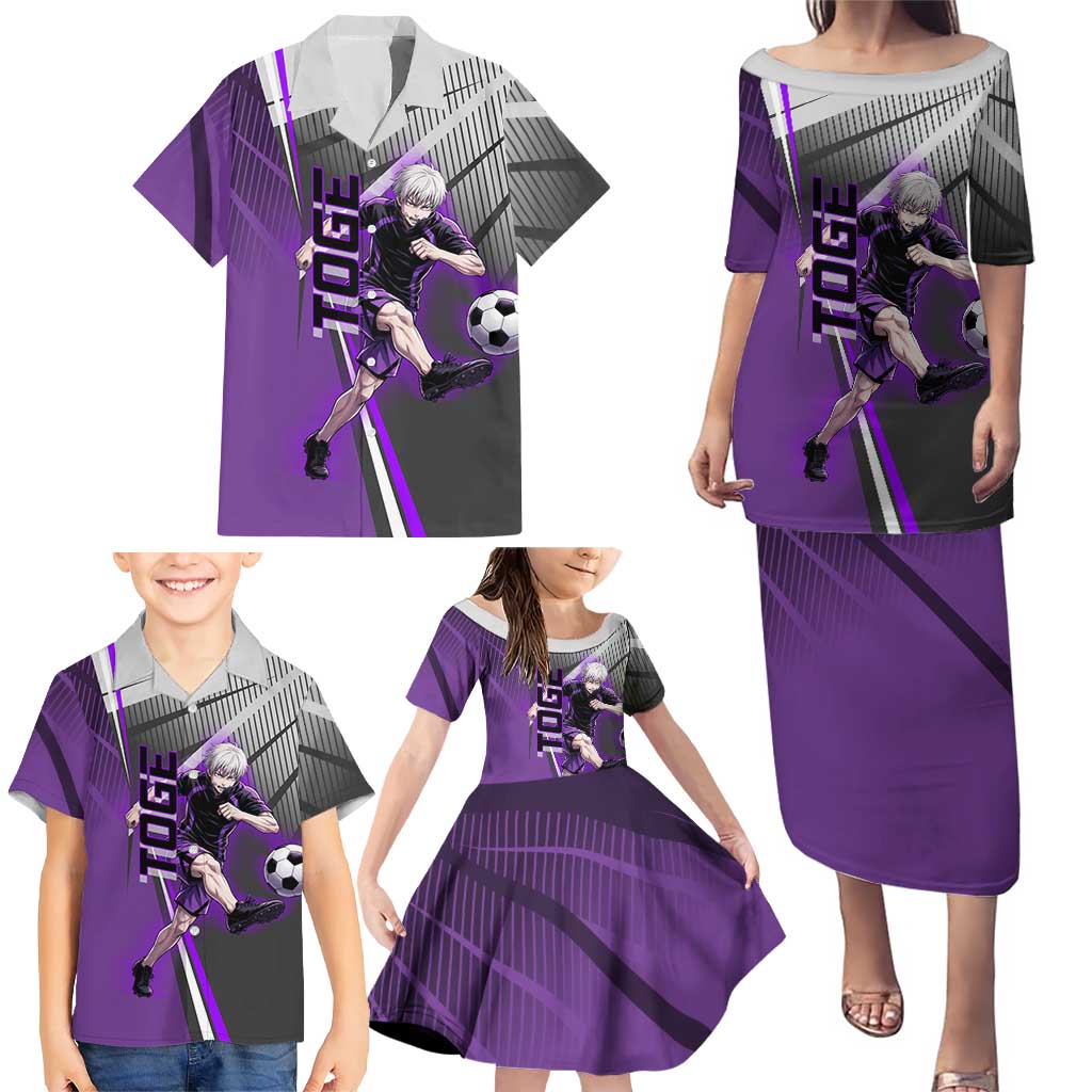 Personalized Toge Inumaki Jujutsu Kaisen Family Matching Puletasi and Hawaiian Shirt with Purple Gradient and Action Kick Design