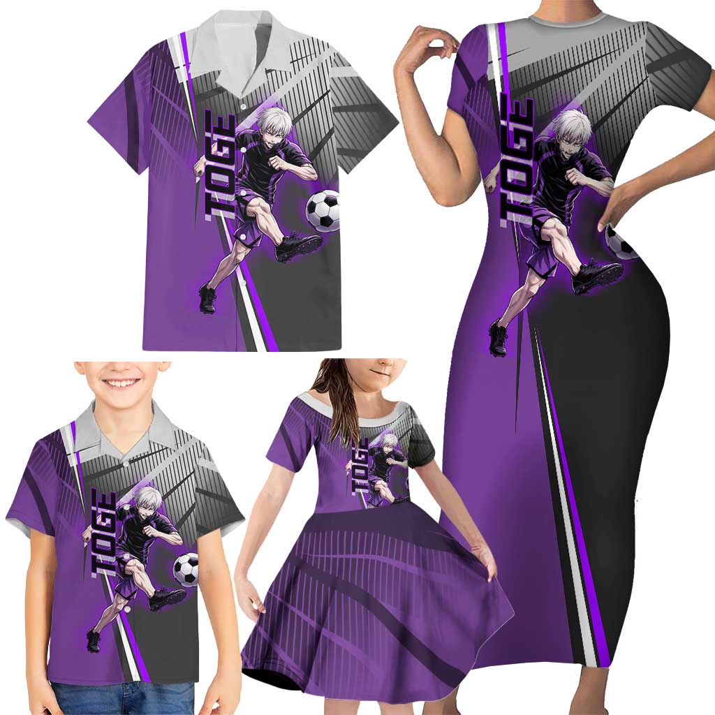 Personalized Toge Inumaki Jujutsu Kaisen Family Matching Short Sleeve Bodycon Dress and Hawaiian Shirt with Purple Gradient and Action Kick Design
