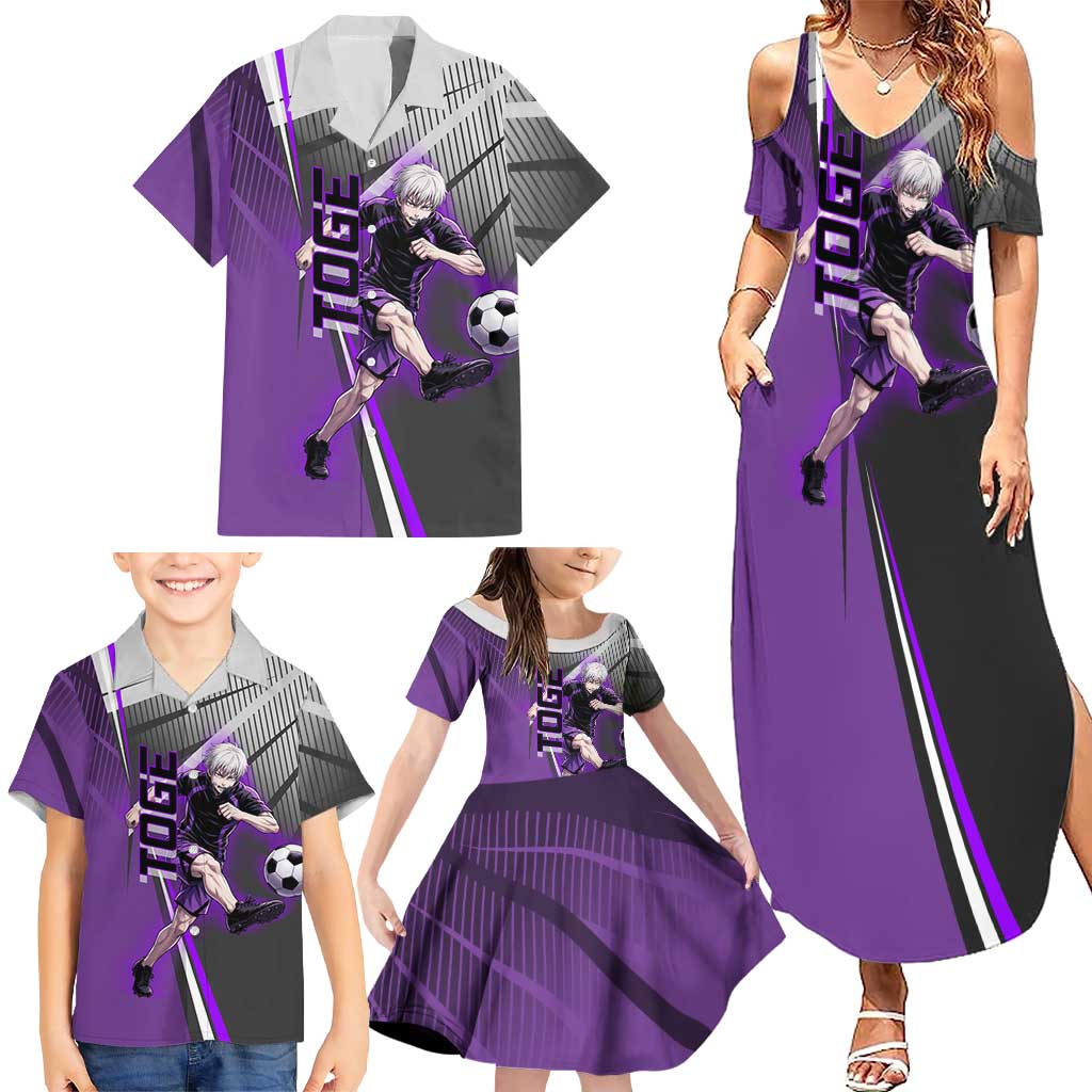 Personalized Toge Inumaki Jujutsu Kaisen Family Matching Summer Maxi Dress and Hawaiian Shirt with Purple Gradient and Action Kick Design