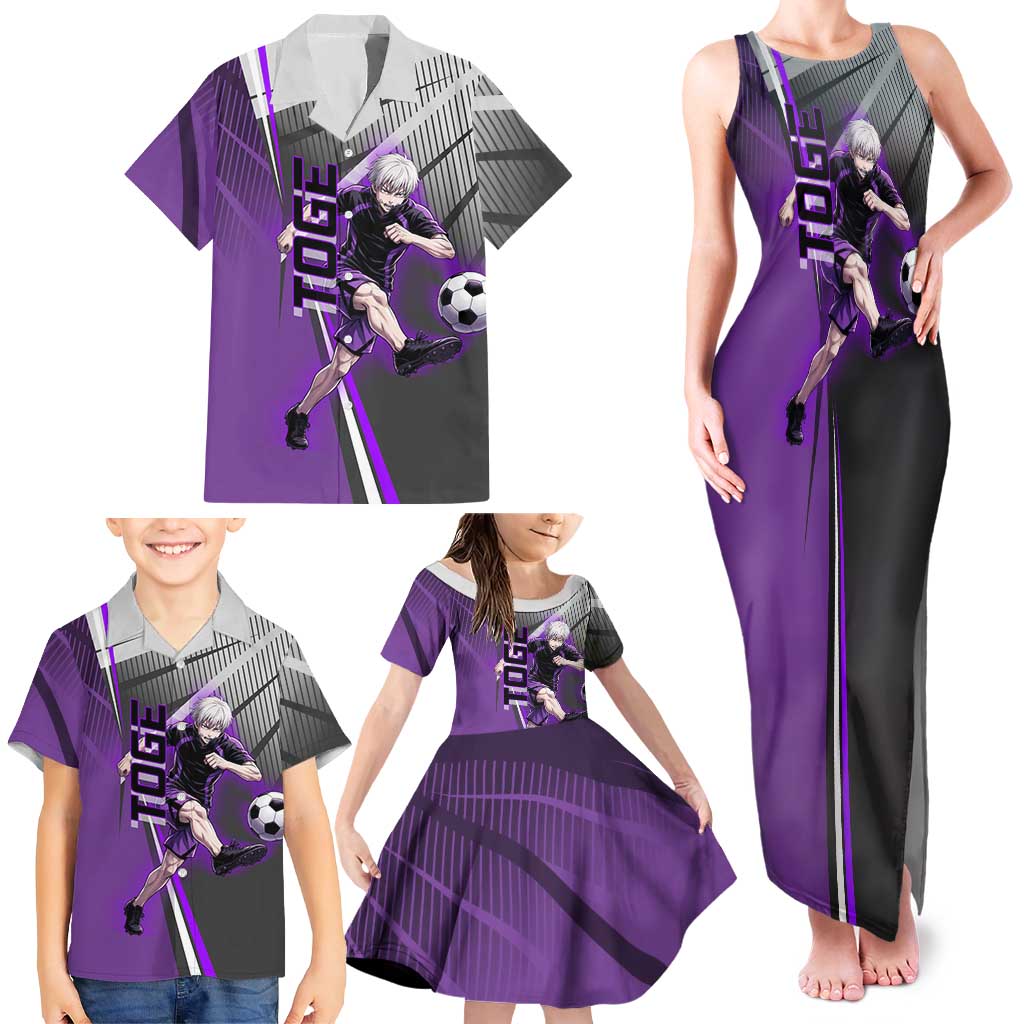 Personalized Toge Inumaki Jujutsu Kaisen Family Matching Tank Maxi Dress and Hawaiian Shirt with Purple Gradient and Action Kick Design