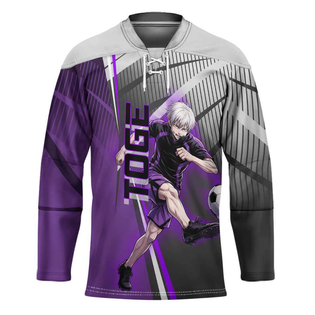 Personalized Toge Inumaki Jujutsu Kaisen Hockey Jersey with Purple Gradient and Action Kick Design