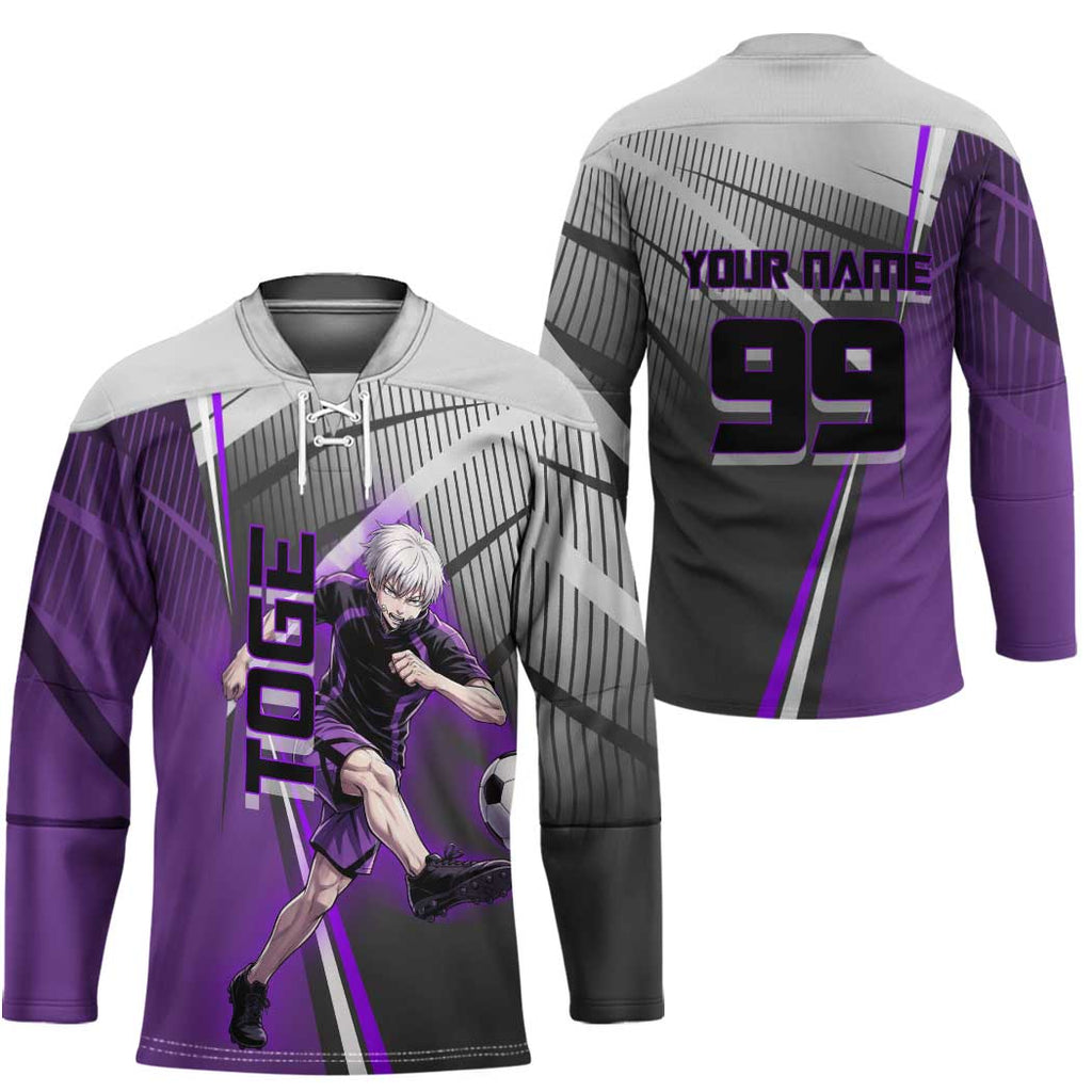 Personalized Toge Inumaki Jujutsu Kaisen Hockey Jersey with Purple Gradient and Action Kick Design