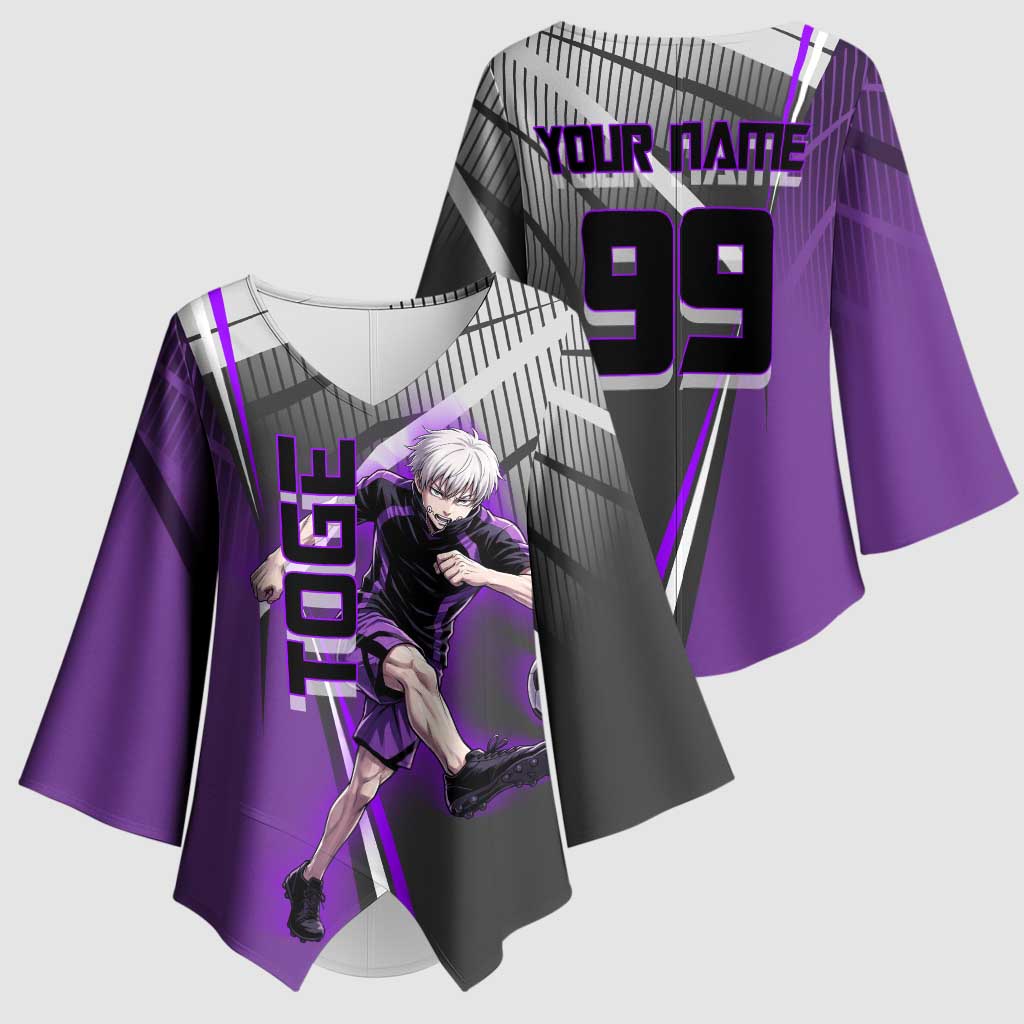 Personalized Toge Inumaki Jujutsu Kaisen Kimono Sleeve Blouse with Purple Gradient and Action Kick Design
