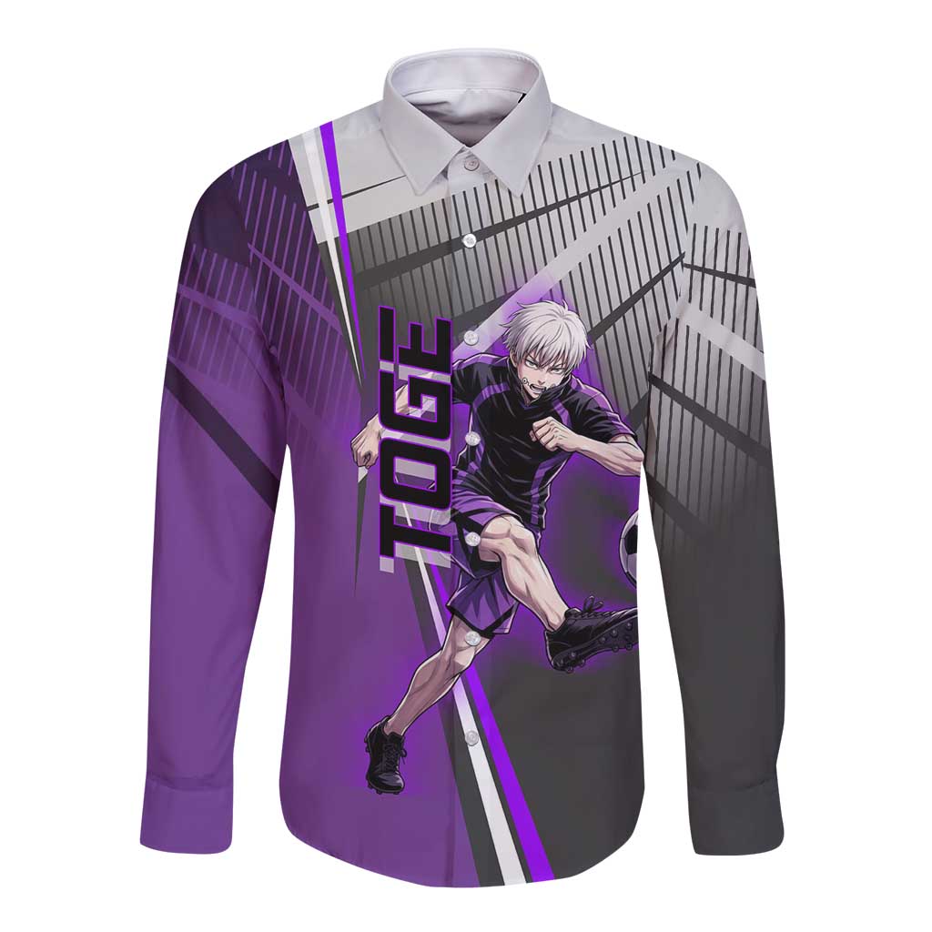 Personalized Toge Inumaki Jujutsu Kaisen Long Sleeve Button Shirt with Purple Gradient and Action Kick Design