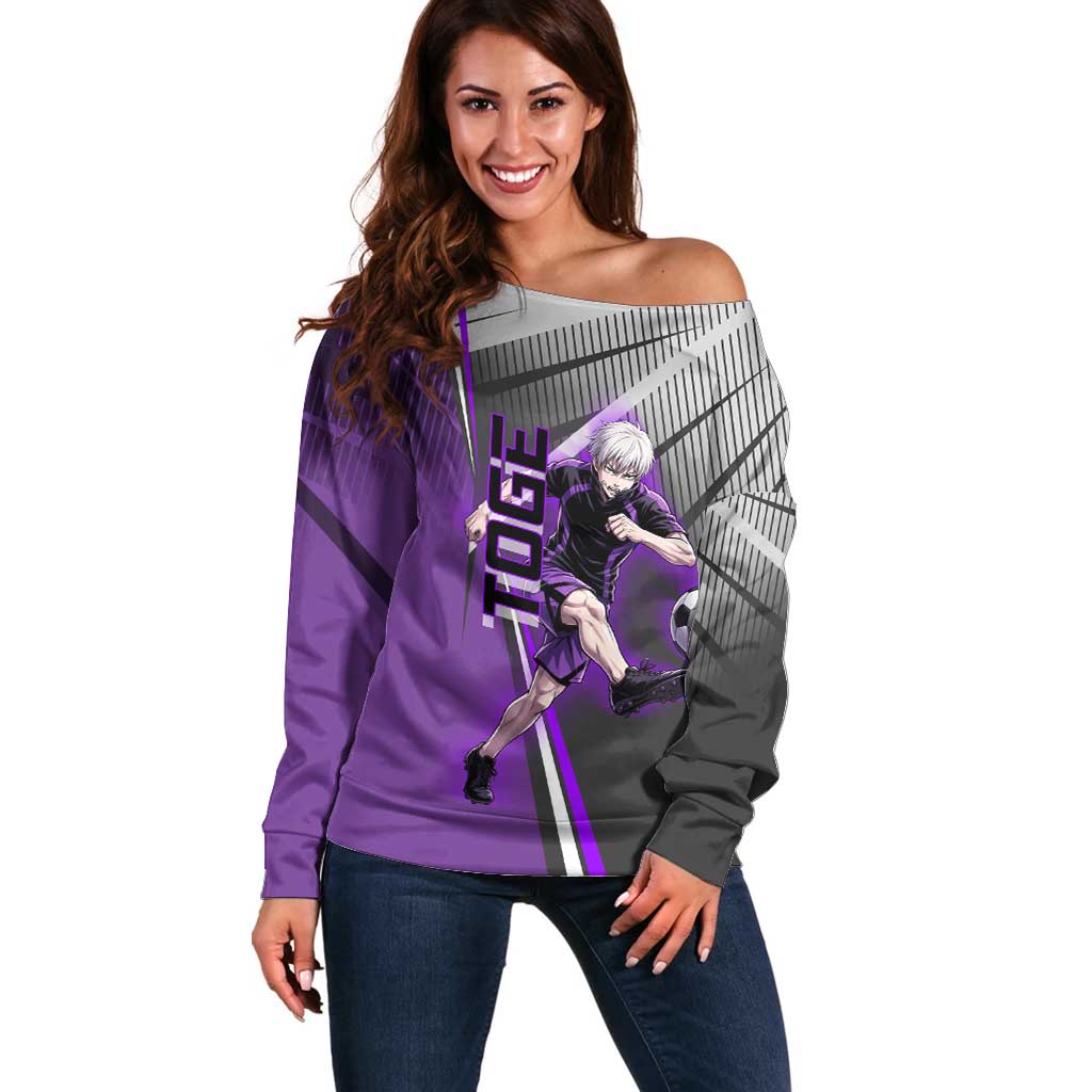 Personalized Toge Inumaki Jujutsu Kaisen Off Shoulder Sweater with Purple Gradient and Action Kick Design