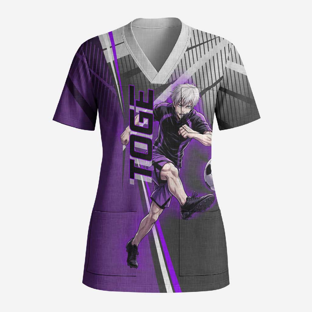 Personalized Toge Inumaki Jujutsu Kaisen Scrub Top with Purple Gradient and Action Kick Design