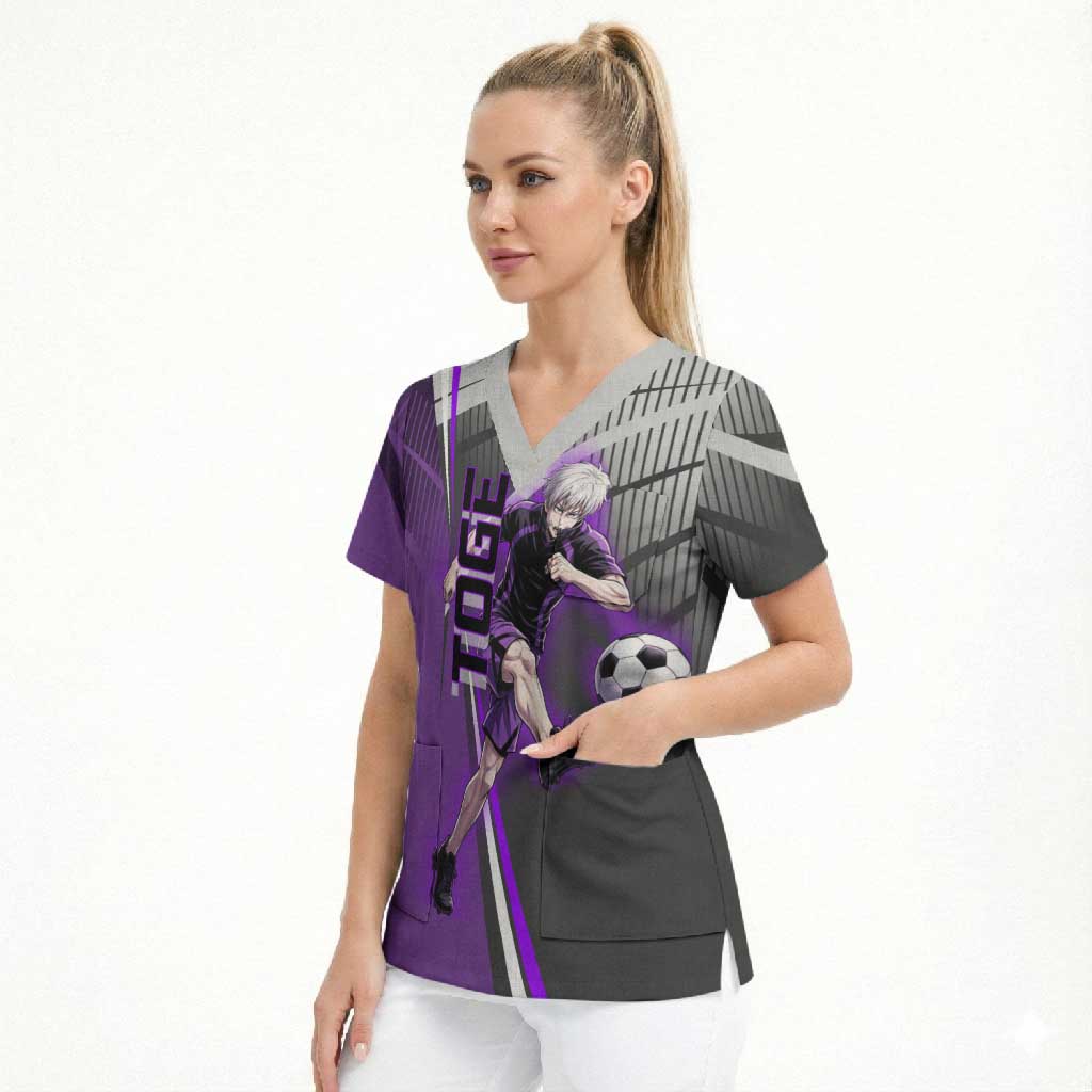 Personalized Toge Inumaki Jujutsu Kaisen Scrub Top with Purple Gradient and Action Kick Design