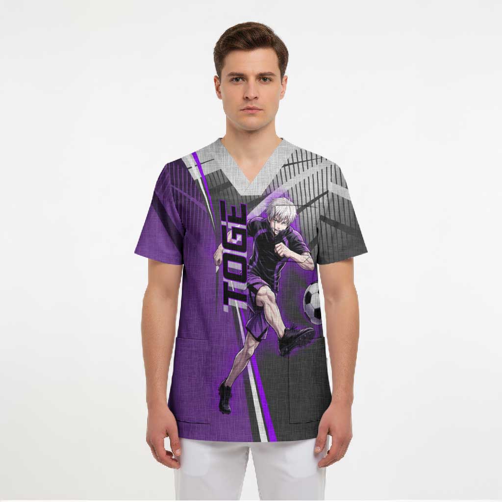 Personalized Toge Inumaki Jujutsu Kaisen Scrub Top with Purple Gradient and Action Kick Design
