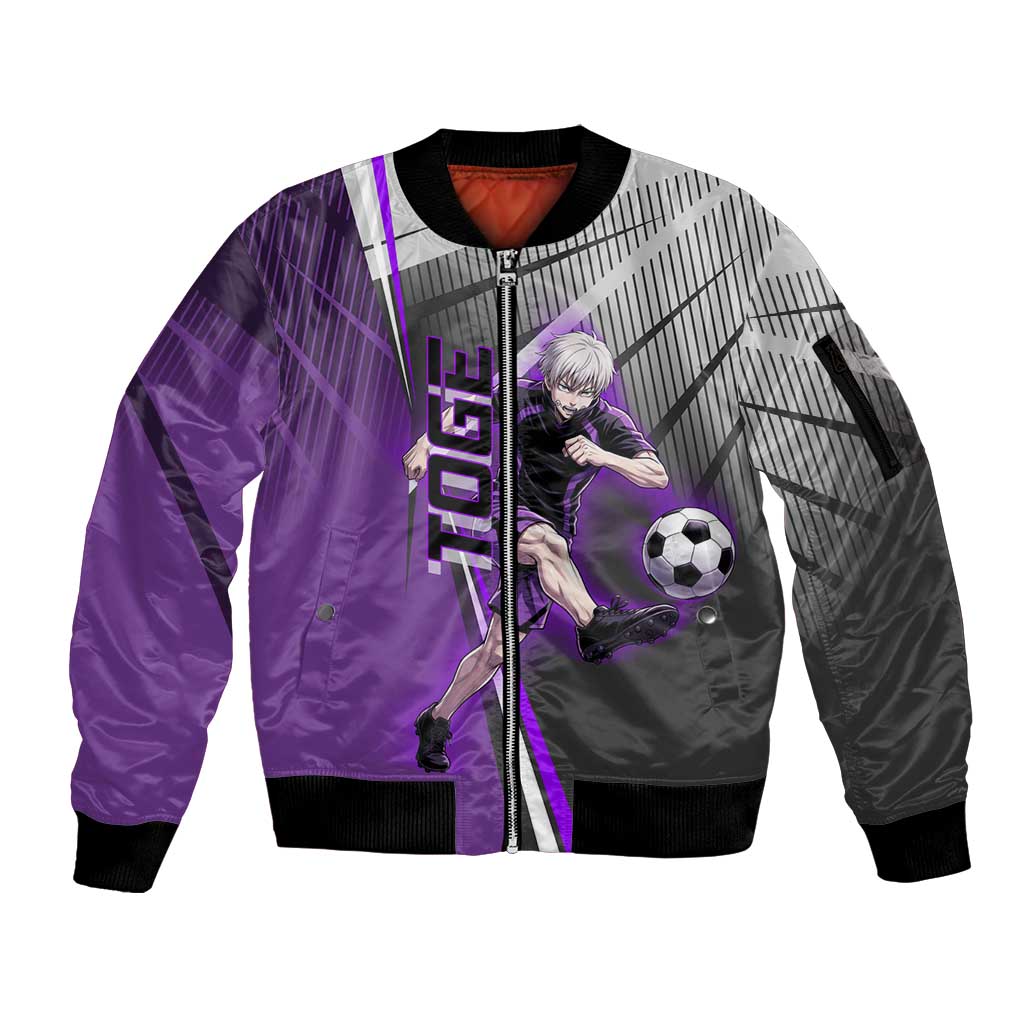 Personalized Toge Inumaki Jujutsu Kaisen Sleeve Zip Bomber Jacket with Purple Gradient and Action Kick Design