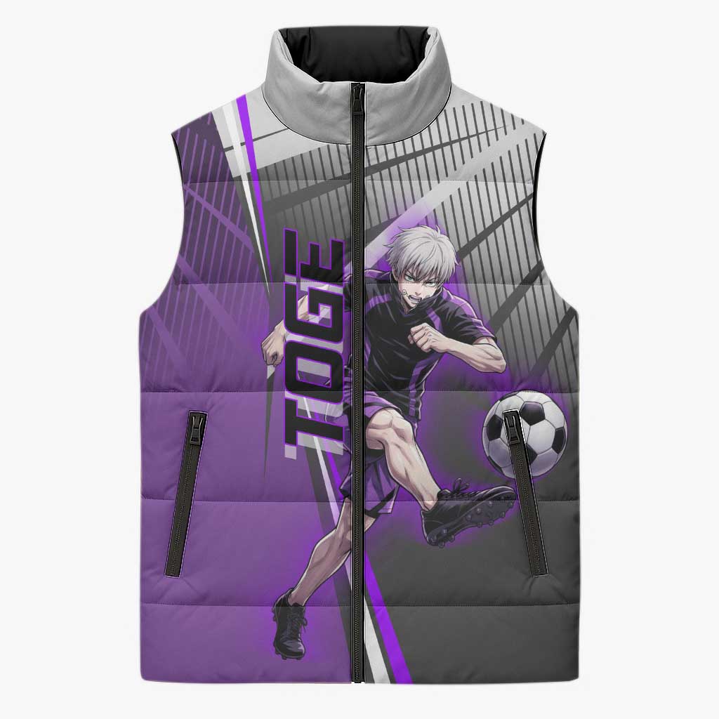 Personalized Toge Inumaki Jujutsu Kaisen Sleeveless Puffer Jacket with Purple Gradient and Action Kick Design