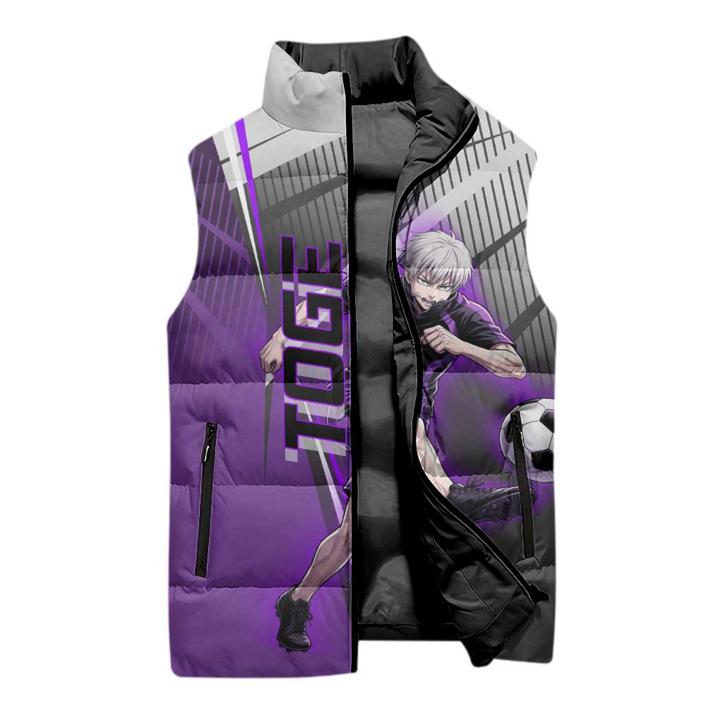 Personalized Toge Inumaki Jujutsu Kaisen Sleeveless Puffer Jacket with Purple Gradient and Action Kick Design