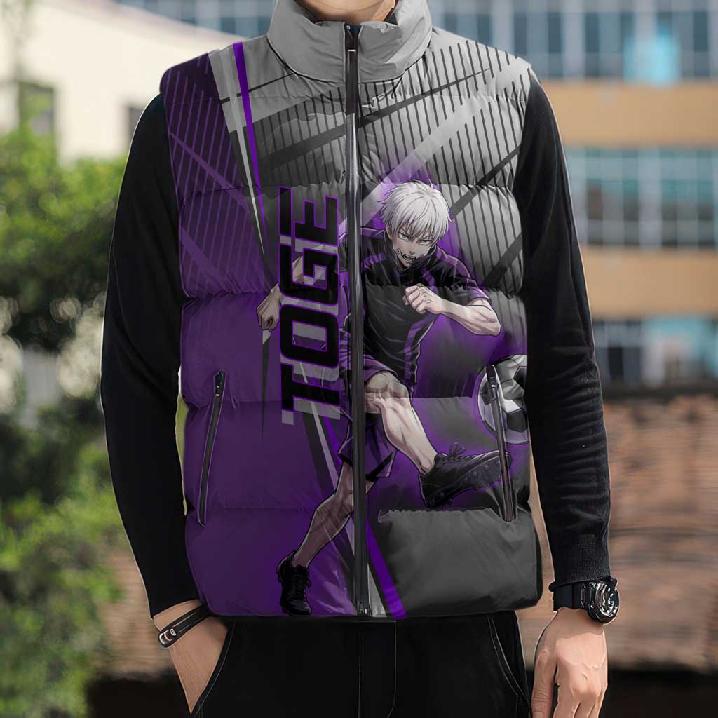 Personalized Toge Inumaki Jujutsu Kaisen Sleeveless Puffer Jacket with Purple Gradient and Action Kick Design