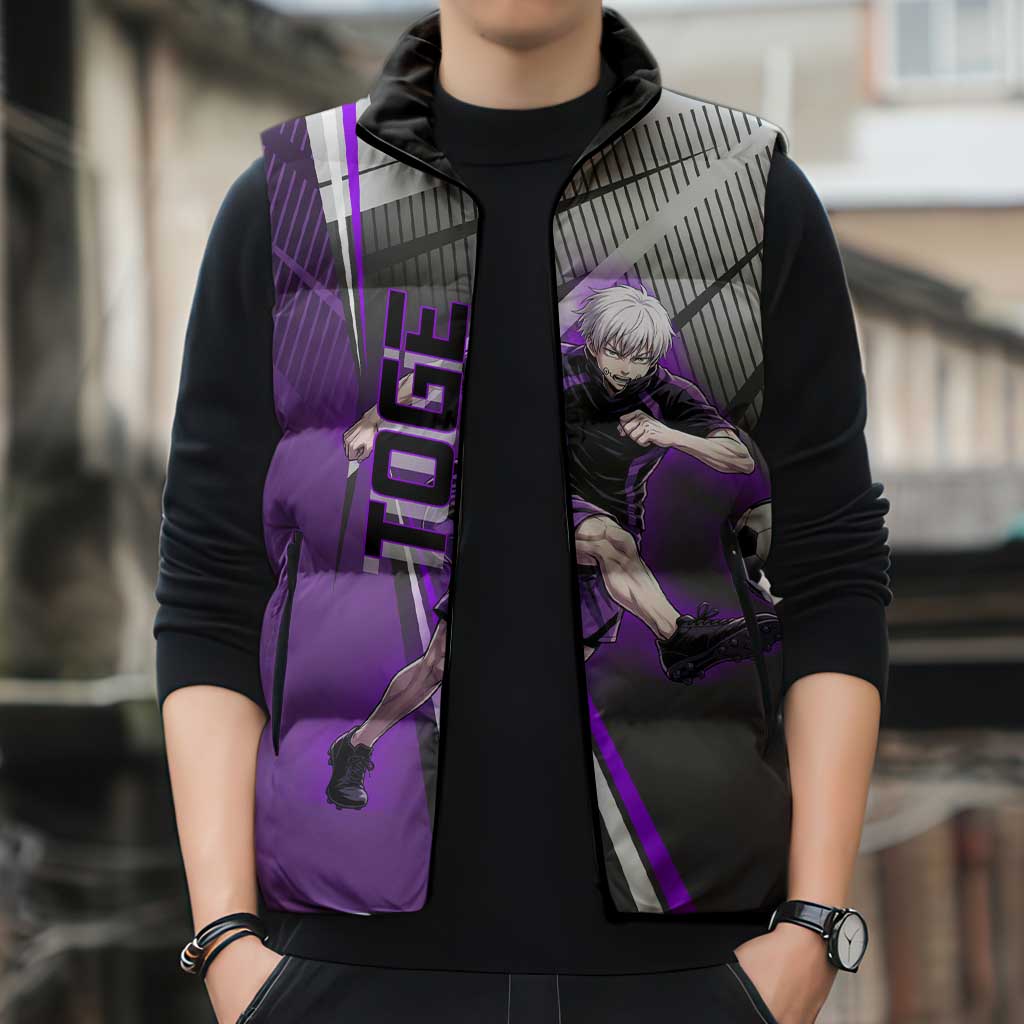 Personalized Toge Inumaki Jujutsu Kaisen Sleeveless Puffer Jacket with Purple Gradient and Action Kick Design