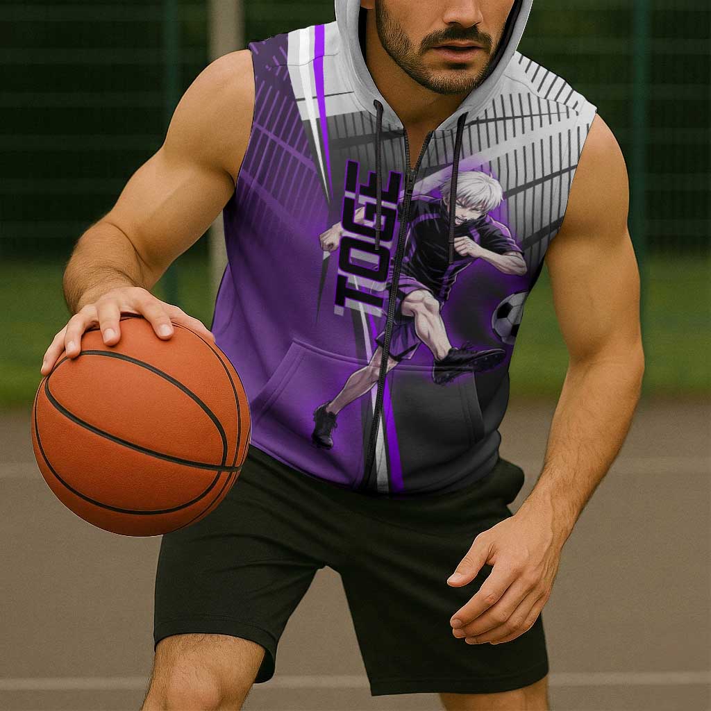 Personalized Toge Inumaki Jujutsu Kaisen Sleeveless Zip Hoodie with Purple Gradient and Action Kick Design
