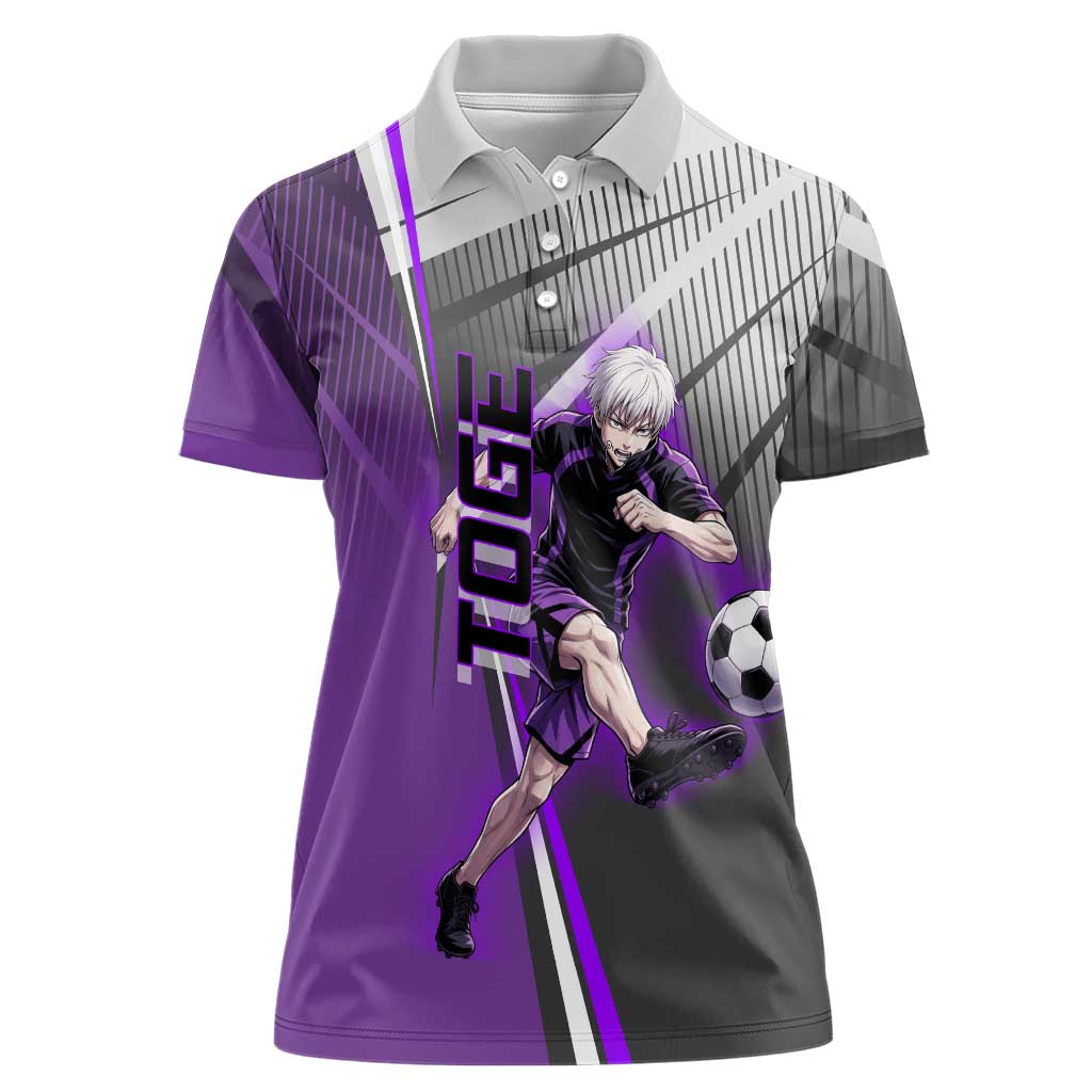 Personalized Toge Inumaki Jujutsu Kaisen Women Polo Shirt with Purple Gradient and Action Kick Design