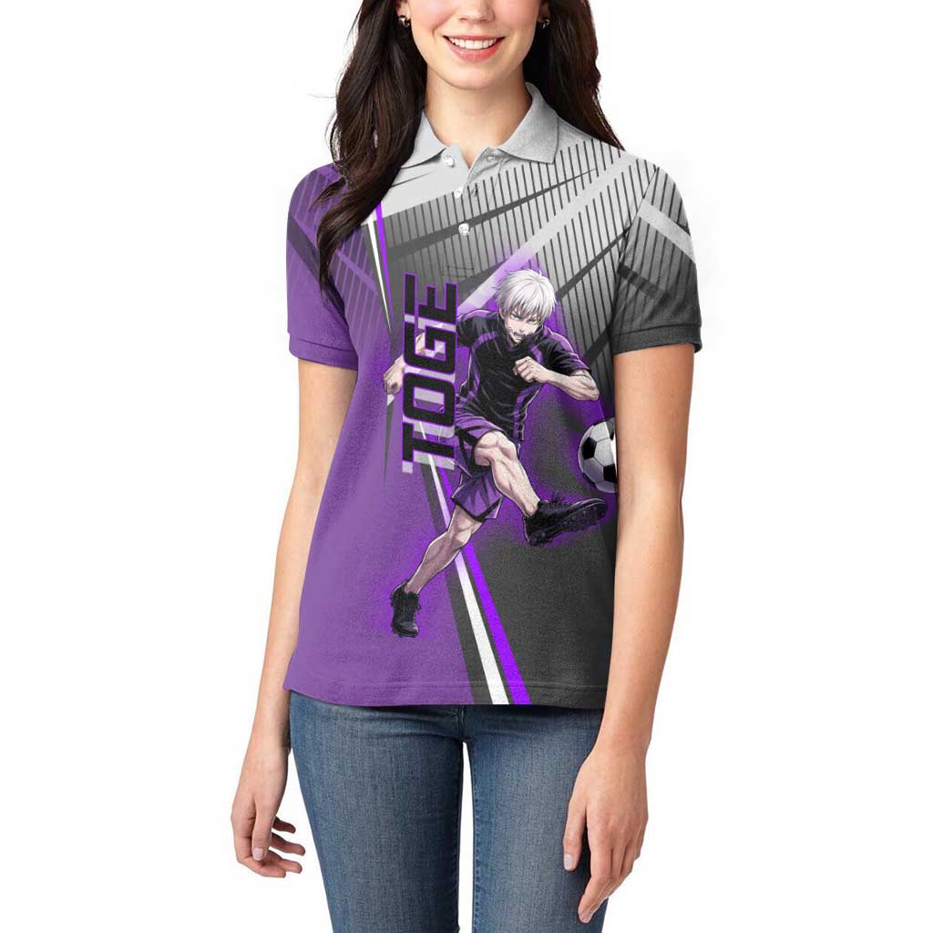 Personalized Toge Inumaki Jujutsu Kaisen Women Polo Shirt with Purple Gradient and Action Kick Design
