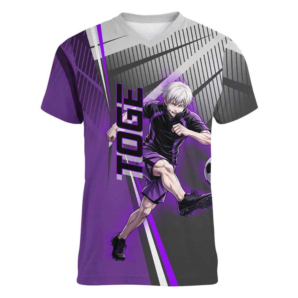 Personalized Toge Inumaki Jujutsu Kaisen Women V-Neck T-Shirt with Purple Gradient and Action Kick Design