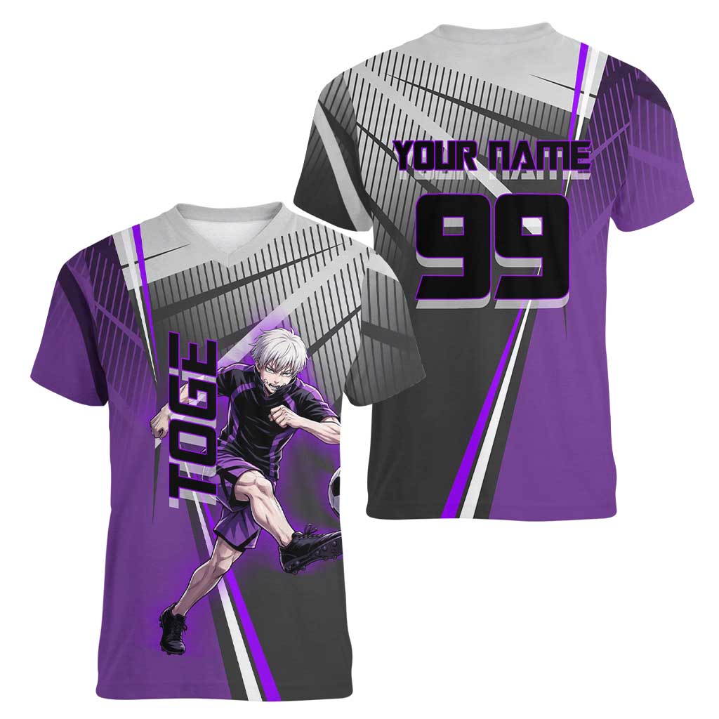 Personalized Toge Inumaki Jujutsu Kaisen Women V-Neck T-Shirt with Purple Gradient and Action Kick Design