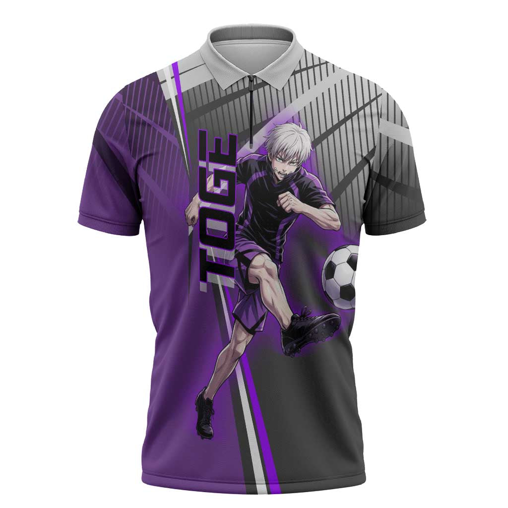 Personalized Toge Inumaki Jujutsu Kaisen Zipper Polo Shirt with Purple Gradient and Action Kick Design