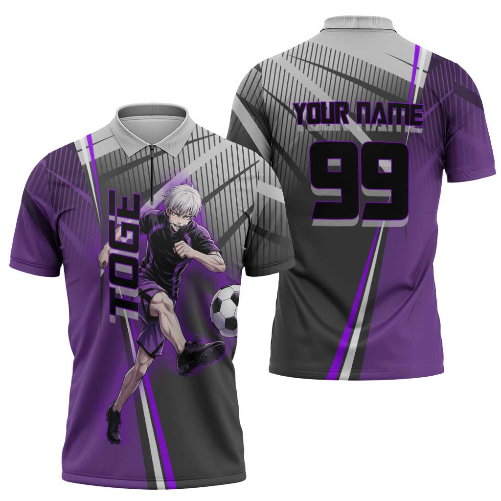 Personalized Toge Inumaki Jujutsu Kaisen Zipper Polo Shirt with Purple Gradient and Action Kick Design