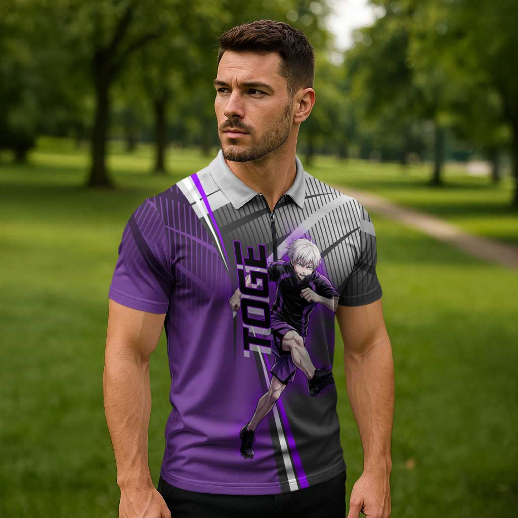 Personalized Toge Inumaki Jujutsu Kaisen Zipper Polo Shirt with Purple Gradient and Action Kick Design