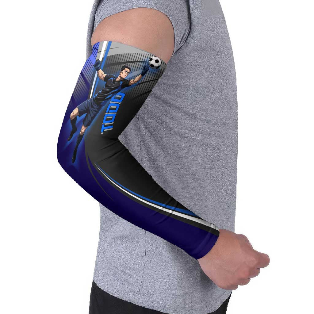 Personalized Aoi Todo Jujutsu Kaisen Arm Sleeves with Blue Gradient and Goalkeeper Action Design