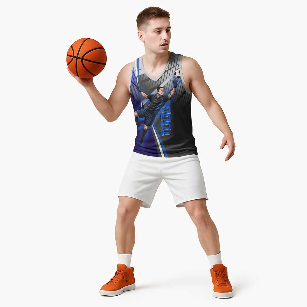 Personalized Aoi Todo Jujutsu Kaisen Basketball Jersey with Blue Gradient and Goalkeeper Action Design