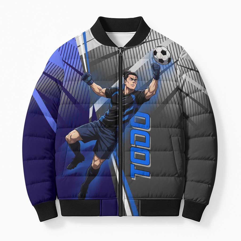 Personalized Aoi Todo Jujutsu Kaisen Bomber Puffer Jacket with Blue Gradient and Goalkeeper Action Design