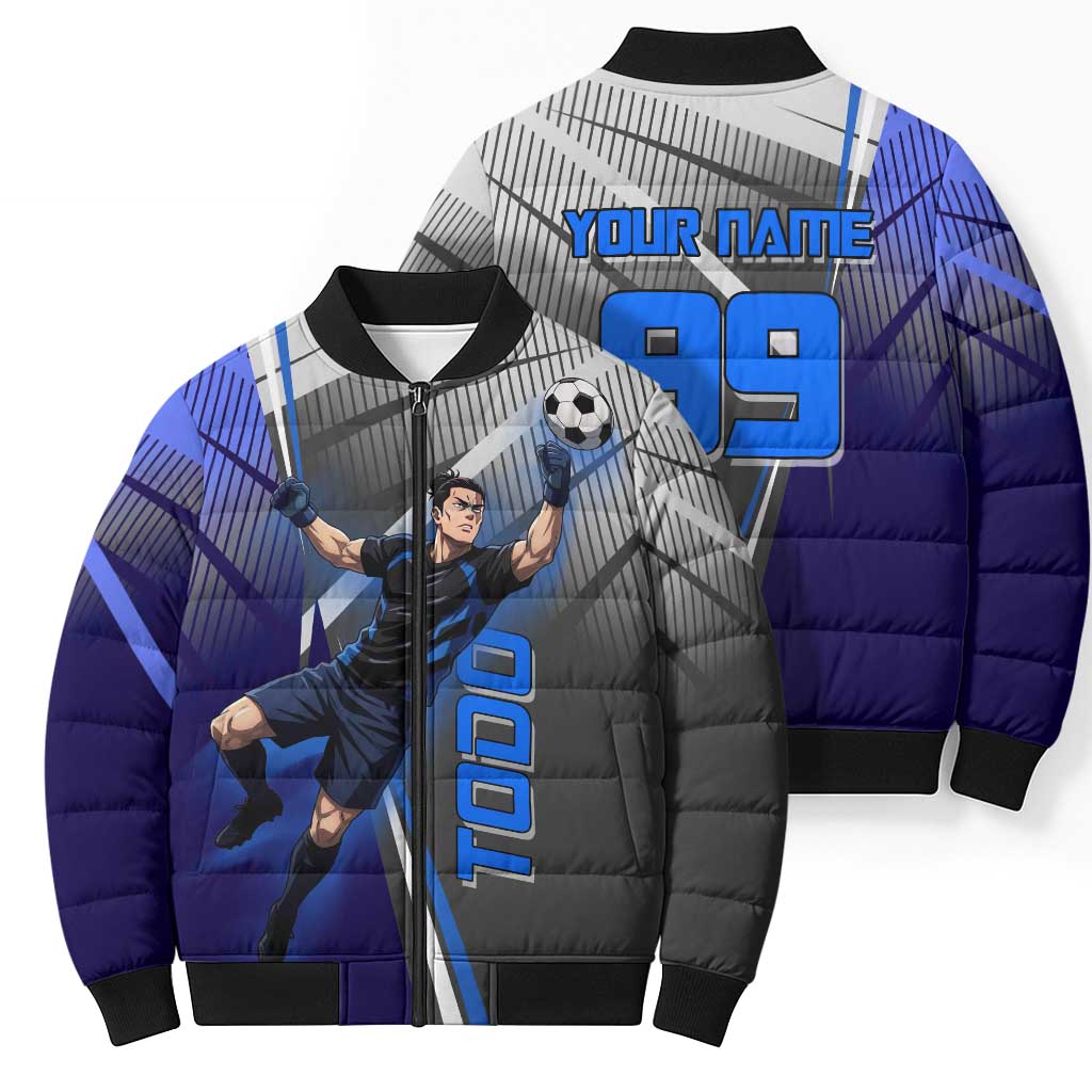 Personalized Aoi Todo Jujutsu Kaisen Bomber Puffer Jacket with Blue Gradient and Goalkeeper Action Design