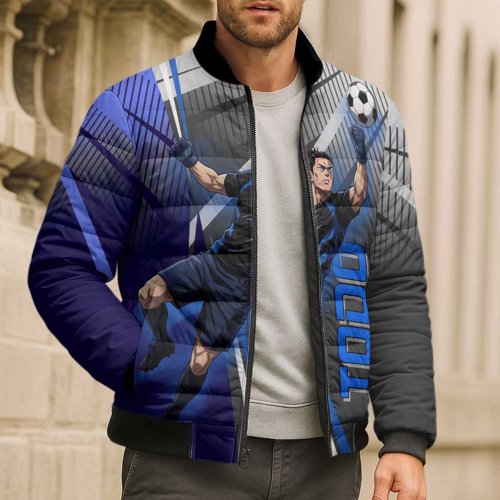 Personalized Aoi Todo Jujutsu Kaisen Bomber Puffer Jacket with Blue Gradient and Goalkeeper Action Design