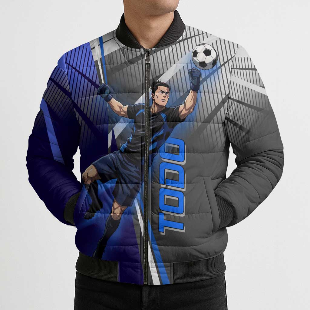 Personalized Aoi Todo Jujutsu Kaisen Bomber Puffer Jacket with Blue Gradient and Goalkeeper Action Design