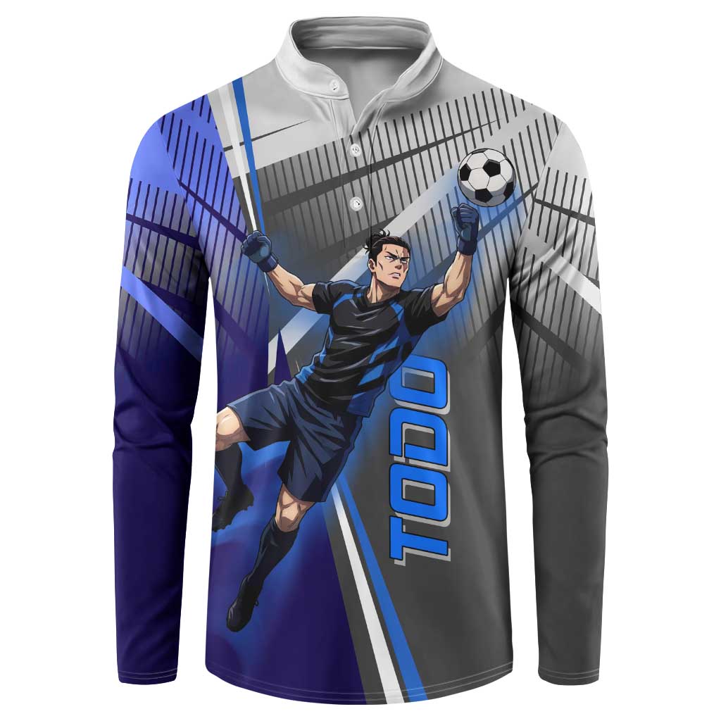 Personalized Aoi Todo Jujutsu Kaisen Button Sweatshirt with Blue Gradient and Goalkeeper Action Design