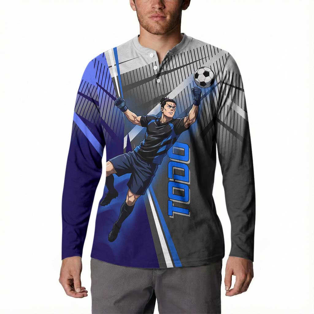 Personalized Aoi Todo Jujutsu Kaisen Button Sweatshirt with Blue Gradient and Goalkeeper Action Design